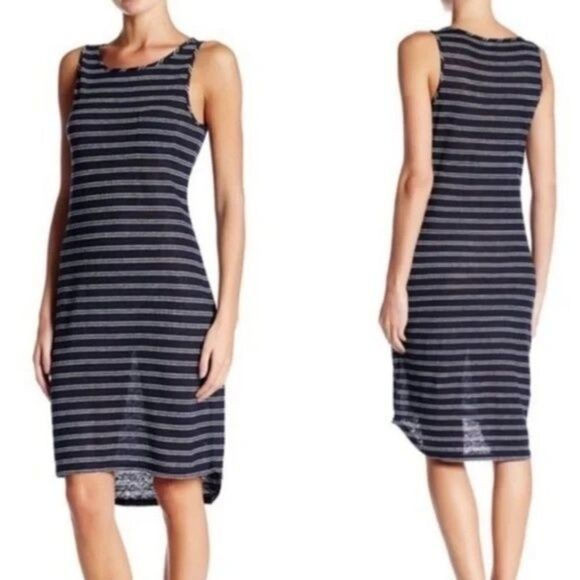 Vince Striped Linen High Low Sleeveless Tank Dress Summer Navy White Size S - Picture 1 of 14